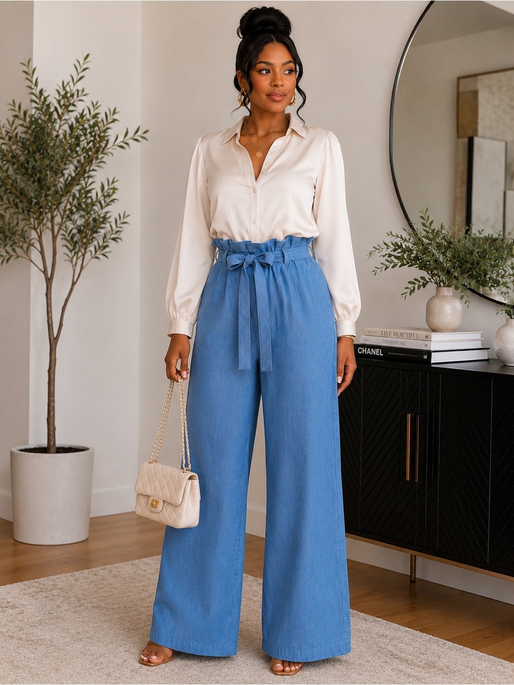 High-Waist Paperbag Wide-Leg Pants in Blue